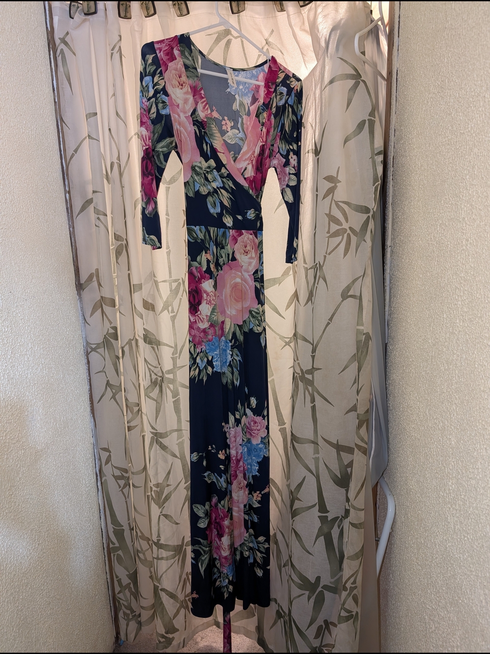 Floral Navy Wrap Maxi Dress with Pink and Blue Blooms